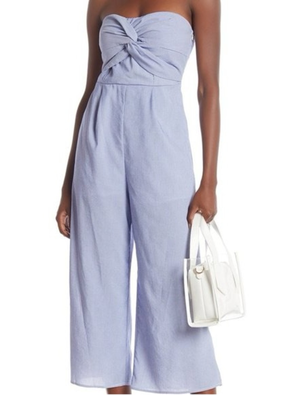 Everly Strapless Twist Front Wide Leg Jumpsuit Blue White Stripe Size M